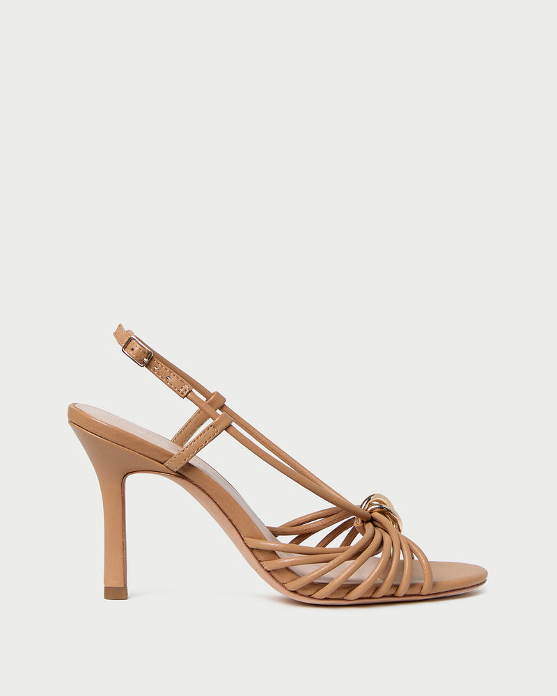 Mareka Dune Leather Strappy Heeled Sandal in dune tan leather and gold hardware.