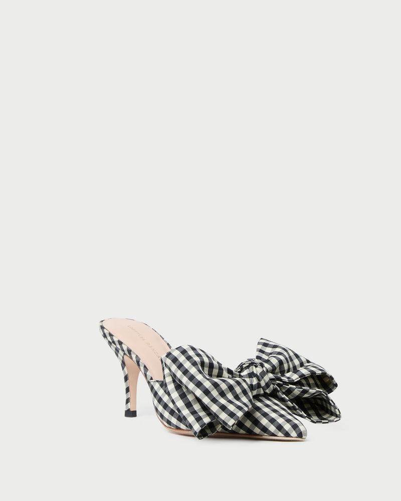 Margot Black/White Gingham Bow Mule in brown and white gingham cotton silk.