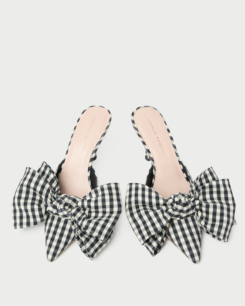 Margot Black/White Gingham Bow Mule in brown and white gingham cotton silk.