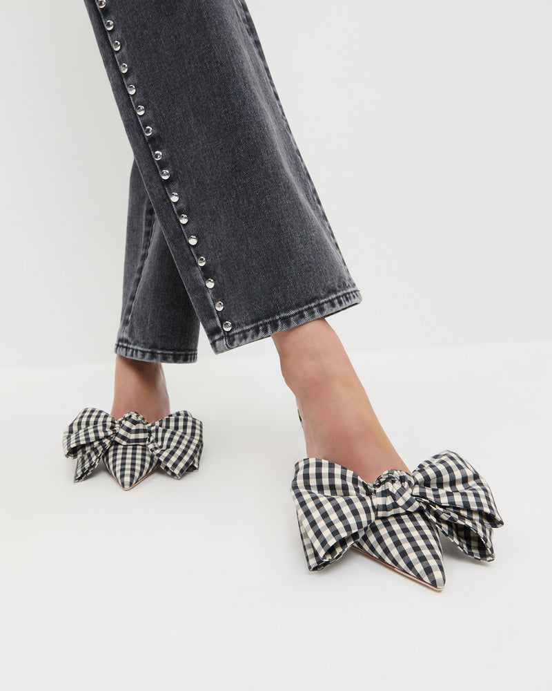 Margot Black/White Gingham Bow Mule in brown and white gingham cotton silk and Winona Denim Barrel Pant in washed black with silver studs.