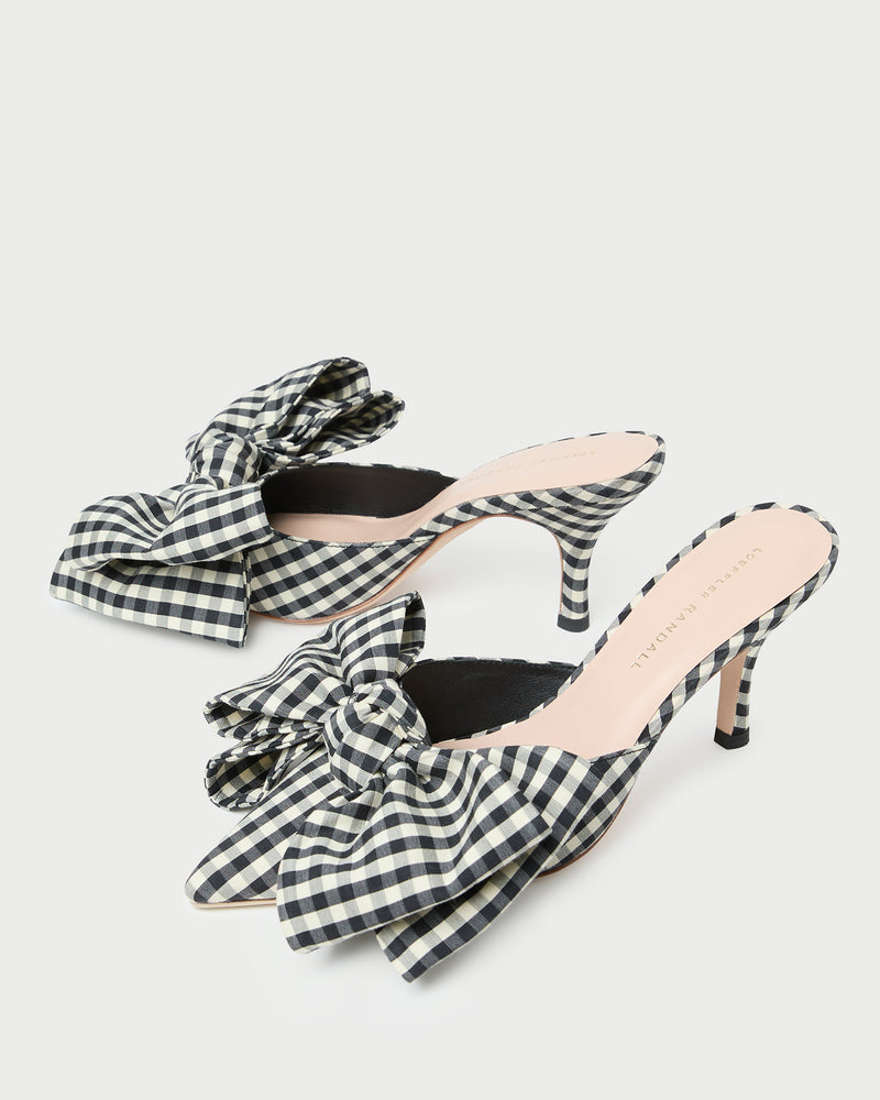 Margot Black/White Gingham Bow Mule in brown and white gingham cotton silk.
