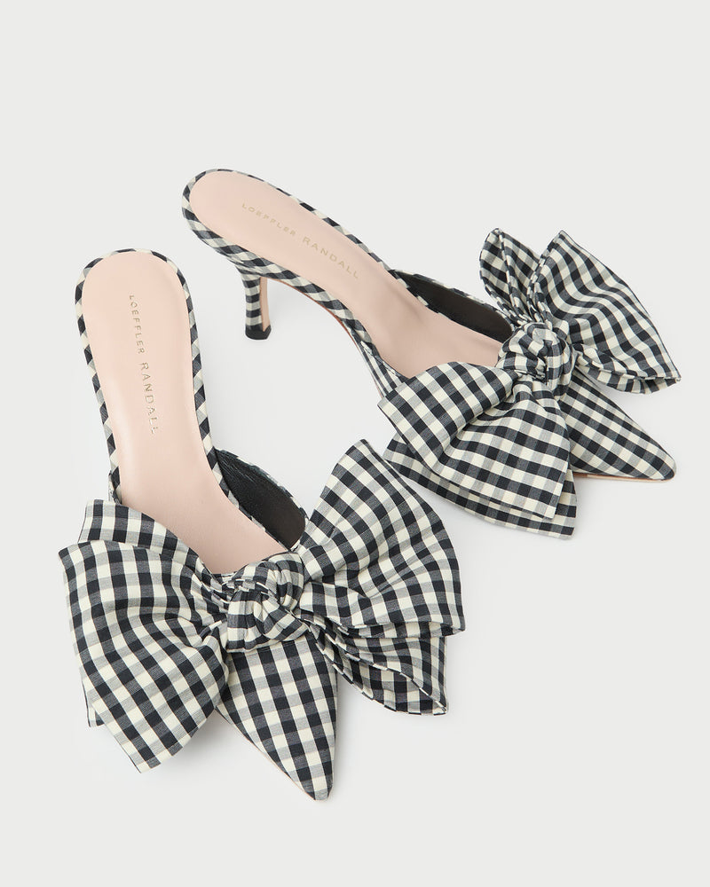 Margot Black/White Gingham Bow Mule in brown and white gingham cotton silk.