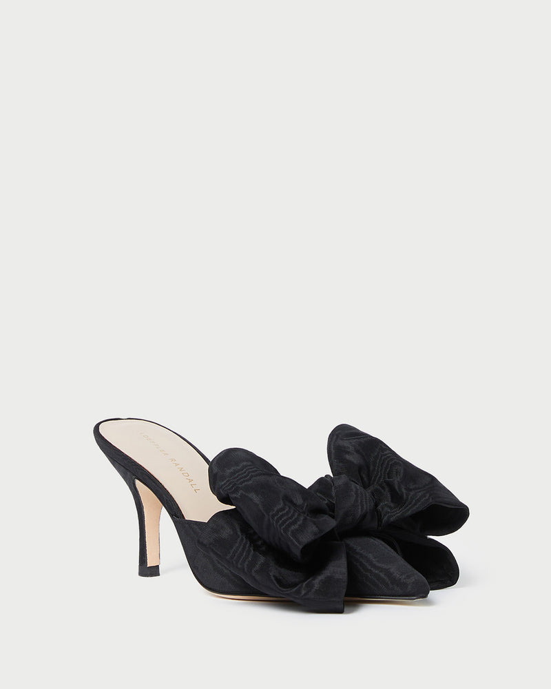 Margot Black Moiré Bow Mule in black moiré.