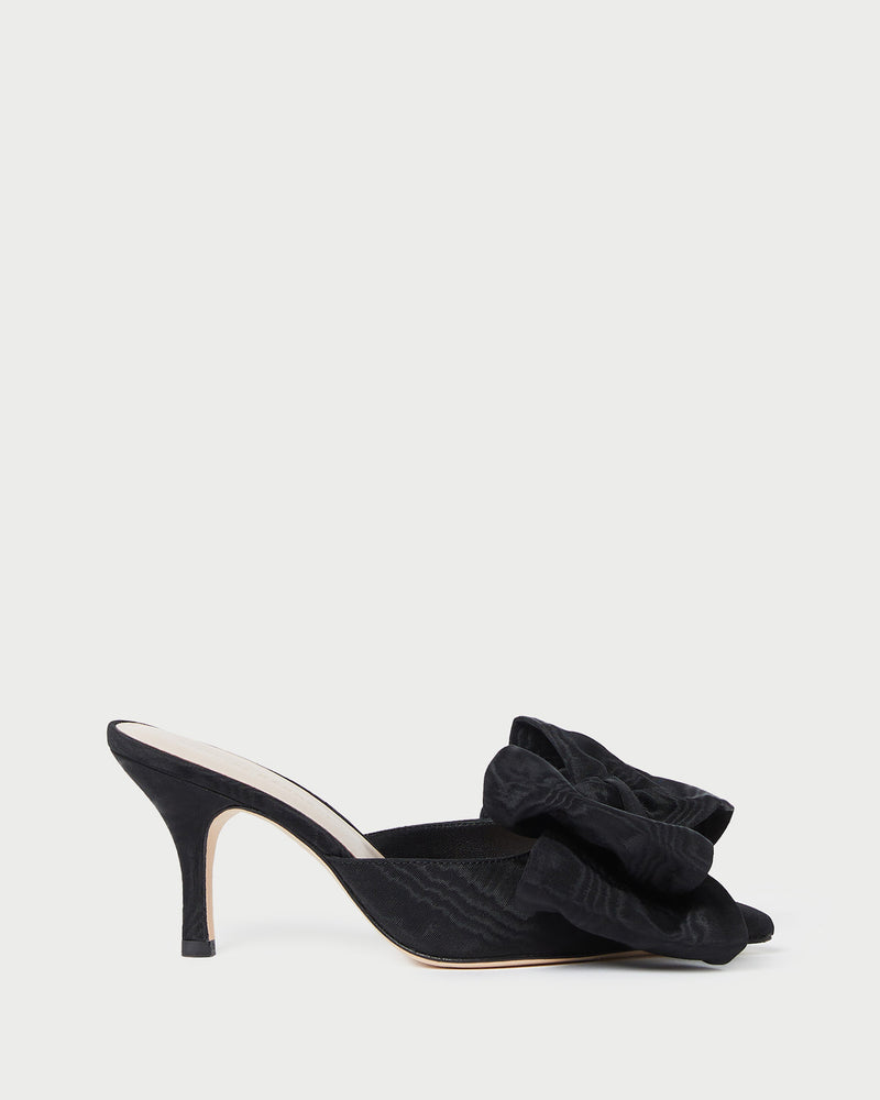 Margot Black Moiré Bow Mule in black moiré.