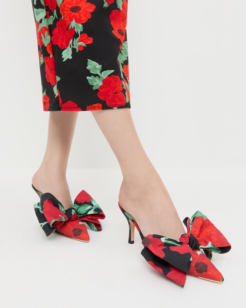 Margot Black Floral Bow Mule in black floral taffeta and Selena Dress in black floral jersey fabric.