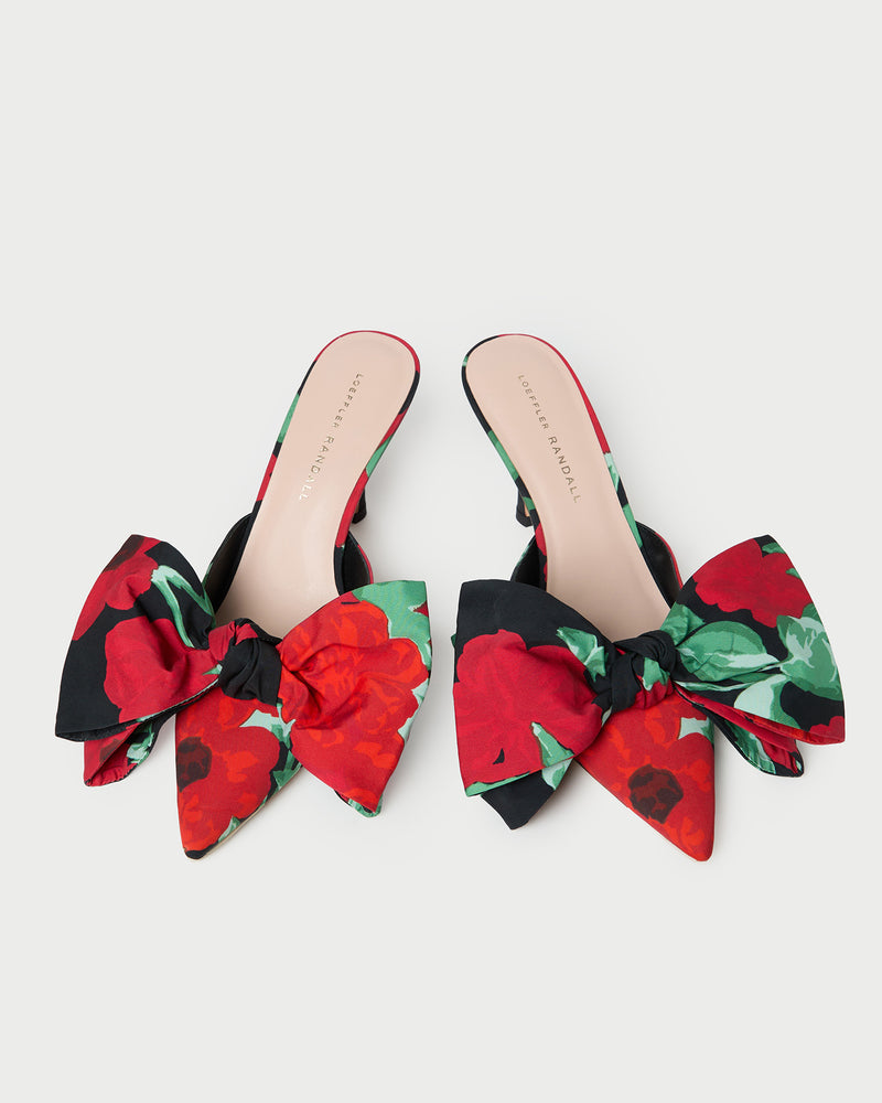 Margot Black Floral Bow Mule in black floral taffeta.