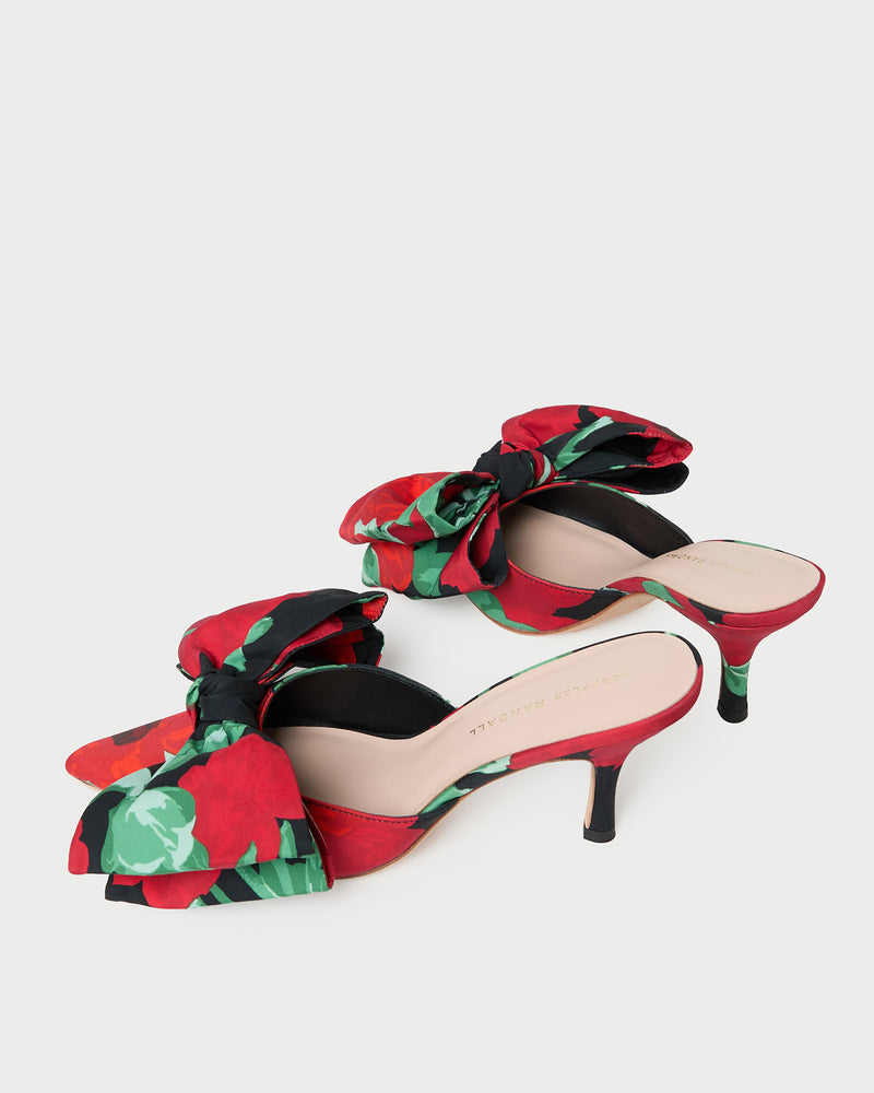 Margot Black Floral Bow Mule in black floral taffeta.