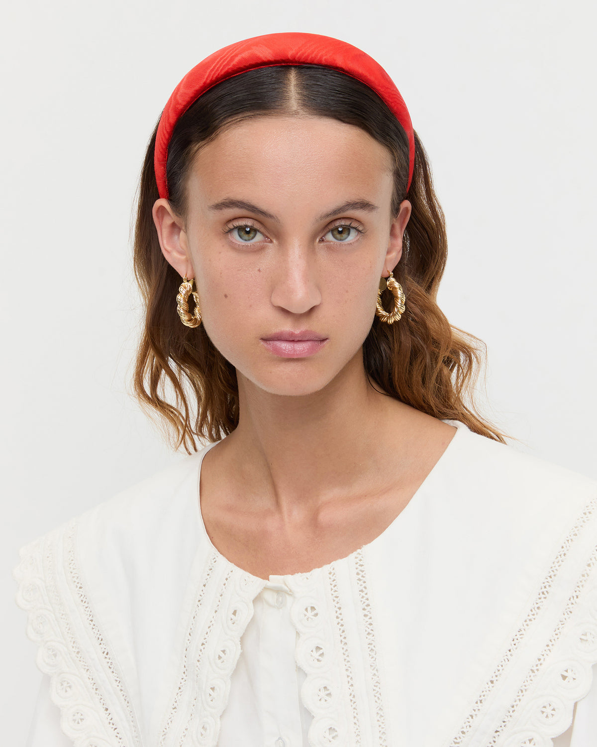Marina Red Moiré Puffy Headband in red moiré fabric and Ken Shirt in white cotton.