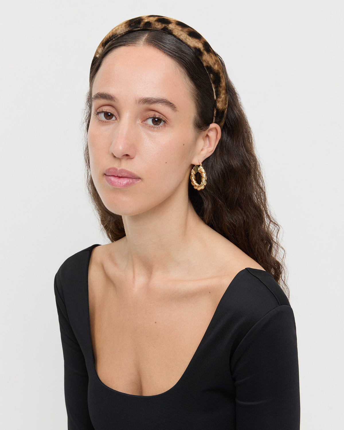 Marina Leopard Puffy Headband in leopard velvet and Posie Peplum Top in black jersey.