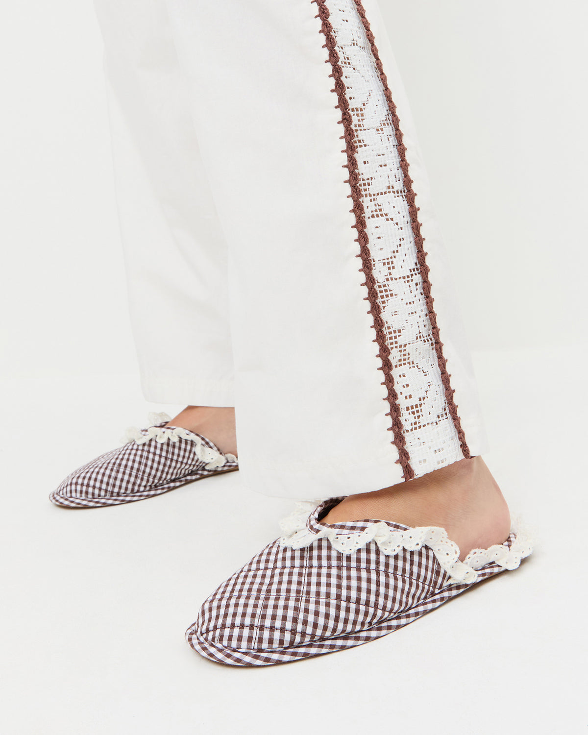 Marky Brown/White Gingham Slipper in brown and white gingham cotton.
