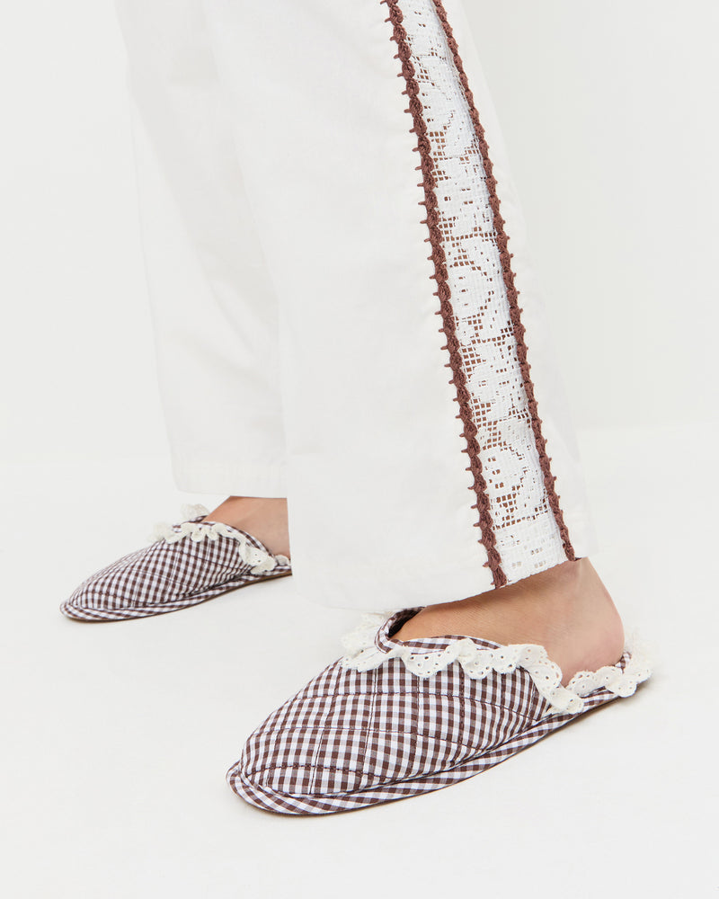 Marky Brown/White Gingham Slipper in brown and white gingham cotton.