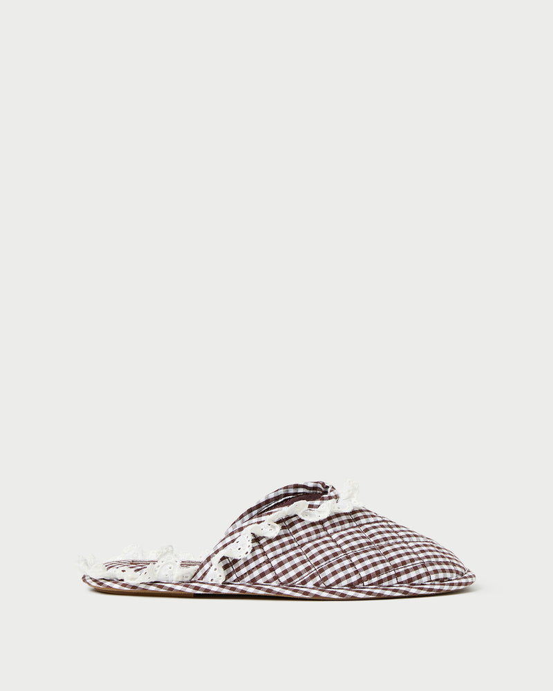 Marky Brown/White Gingham Slipper in brown and white gingham cotton.