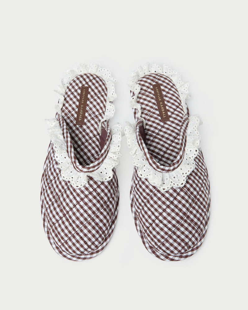 Marky Brown/White Gingham Slipper in brown and white gingham cotton.