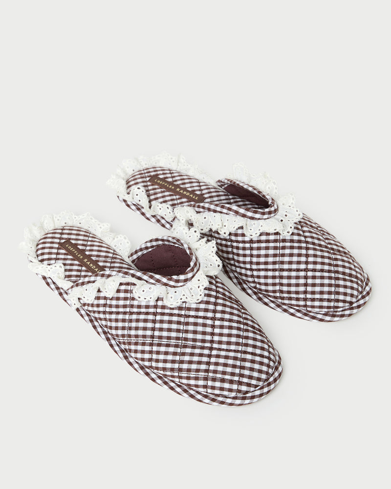 Marky Brown/White Gingham Slipper in brown and white gingham cotton.