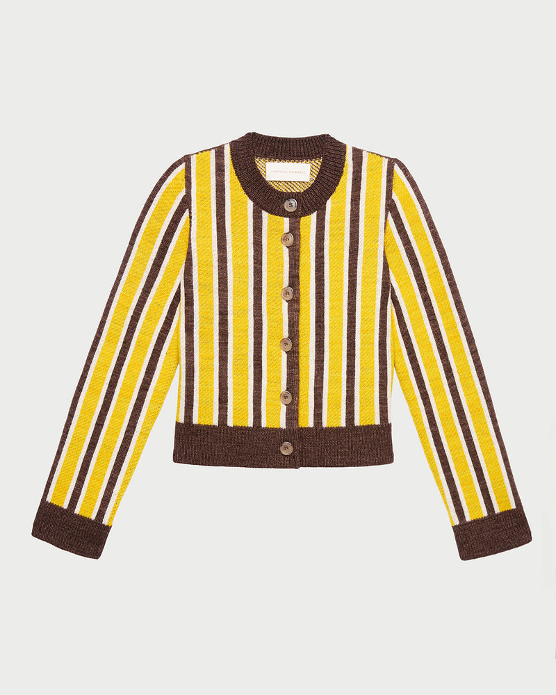 Matisse Cardigan in yellow and brown striped wool.