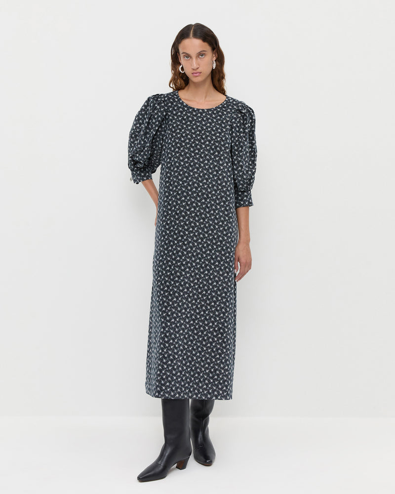 Maxwell Dress in blue ditsy floral cotton and Cleo Black Leather Mid Calf Boot.