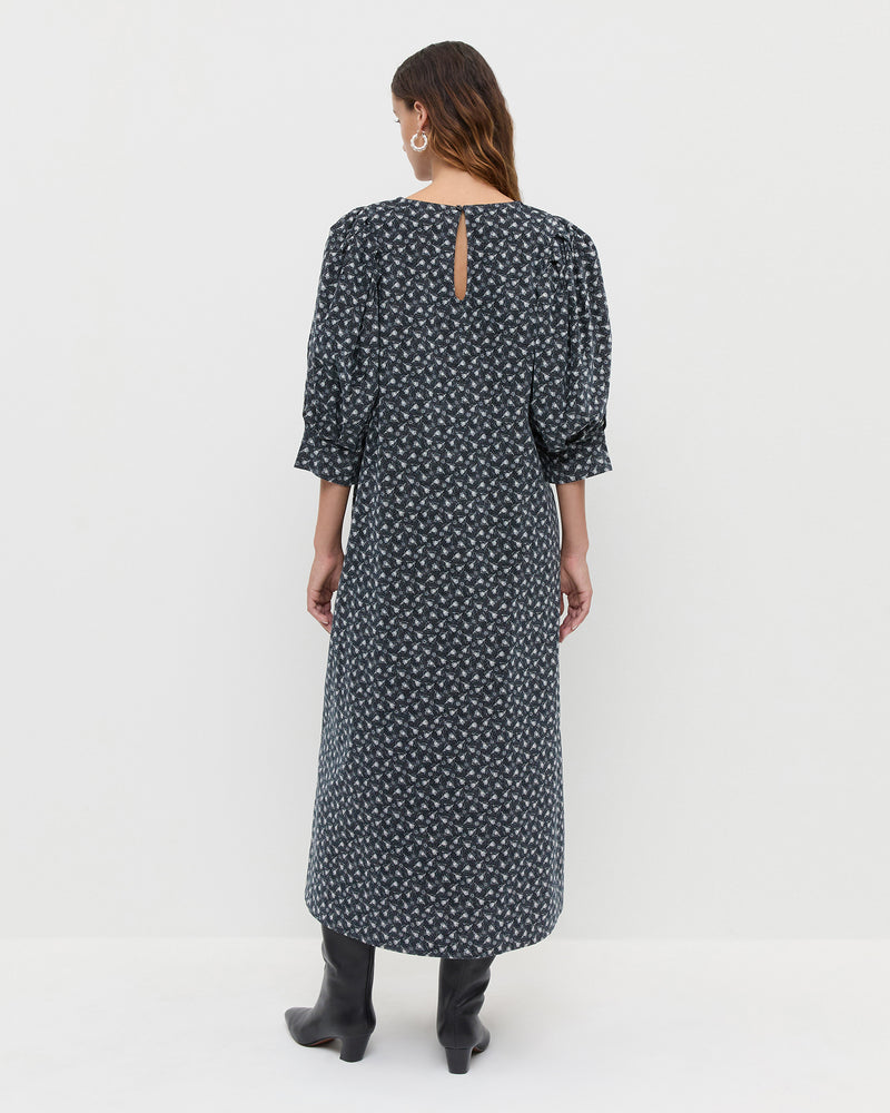 Maxwell Dress in blue ditsy floral cotton and Cleo Black Leather Mid Calf Boot.