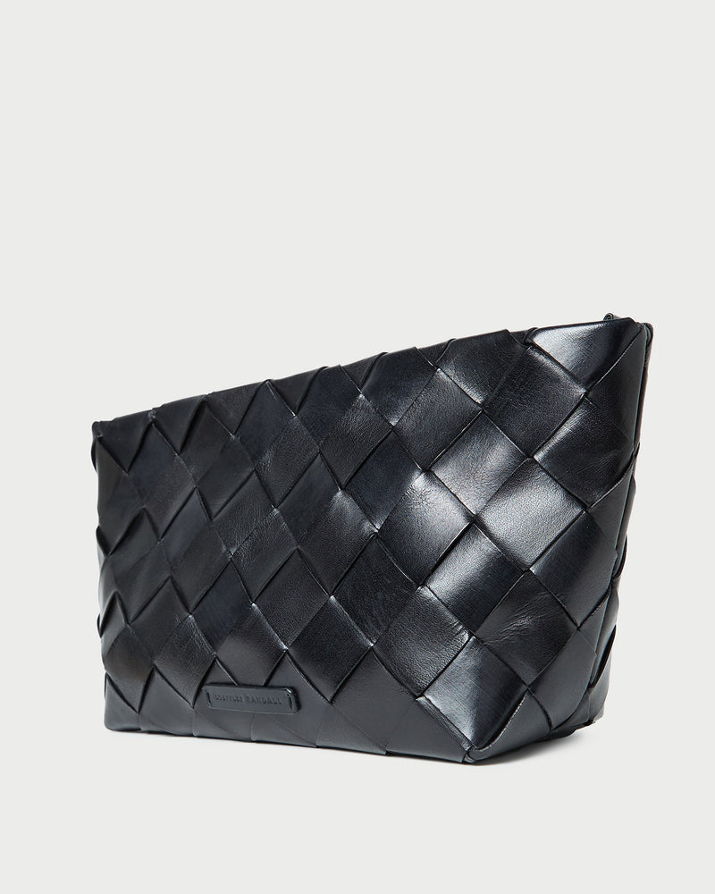 Melina Black Woven Leather Clutch in black woven leather.