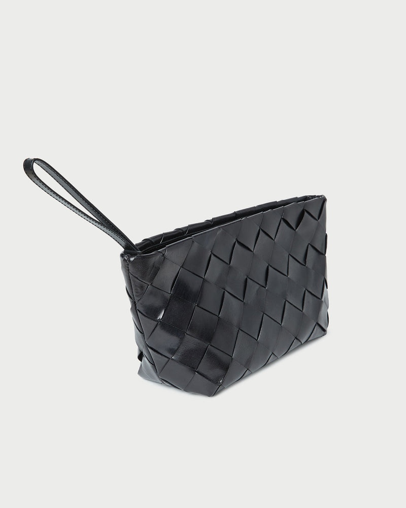 Melina Black Woven Leather Clutch in black woven leather.
