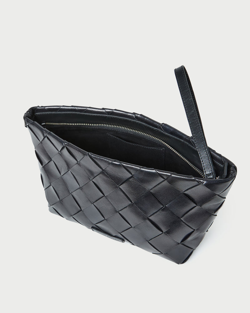 Melina Black Woven Leather Clutch in black woven leather.