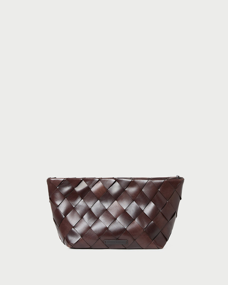 Melina Chocolate Woven Leather Clutch in brown chocolate woven leather.