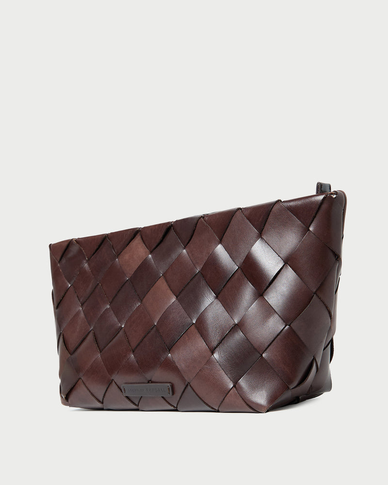 Melina Chocolate Woven Leather Clutch in brown chocolate woven leather.