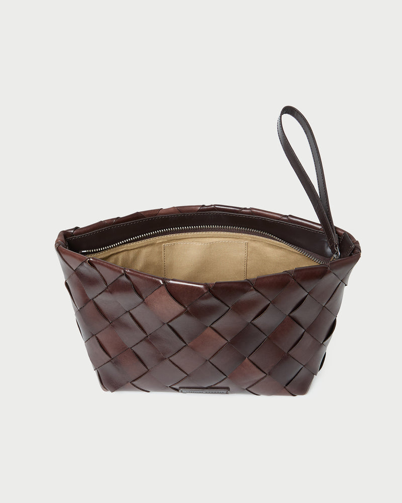 Melina Chocolate Woven Leather Clutch in brown chocolate woven leather.
