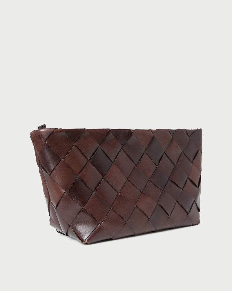 Melina Chocolate Woven Leather Clutch in brown chocolate woven leather.