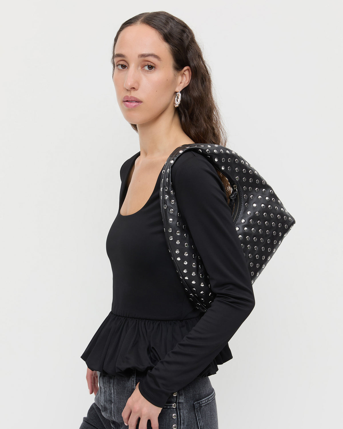 Mercer Black/Silver Leather Shoulder Bag in black leather with silver studs.