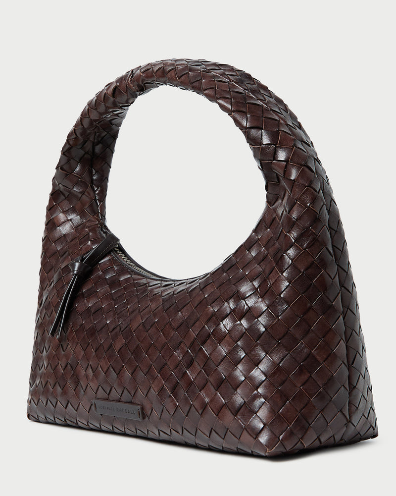 Mercer Chocolate Woven Shoulder Bag in brown chocolate woven leather.
