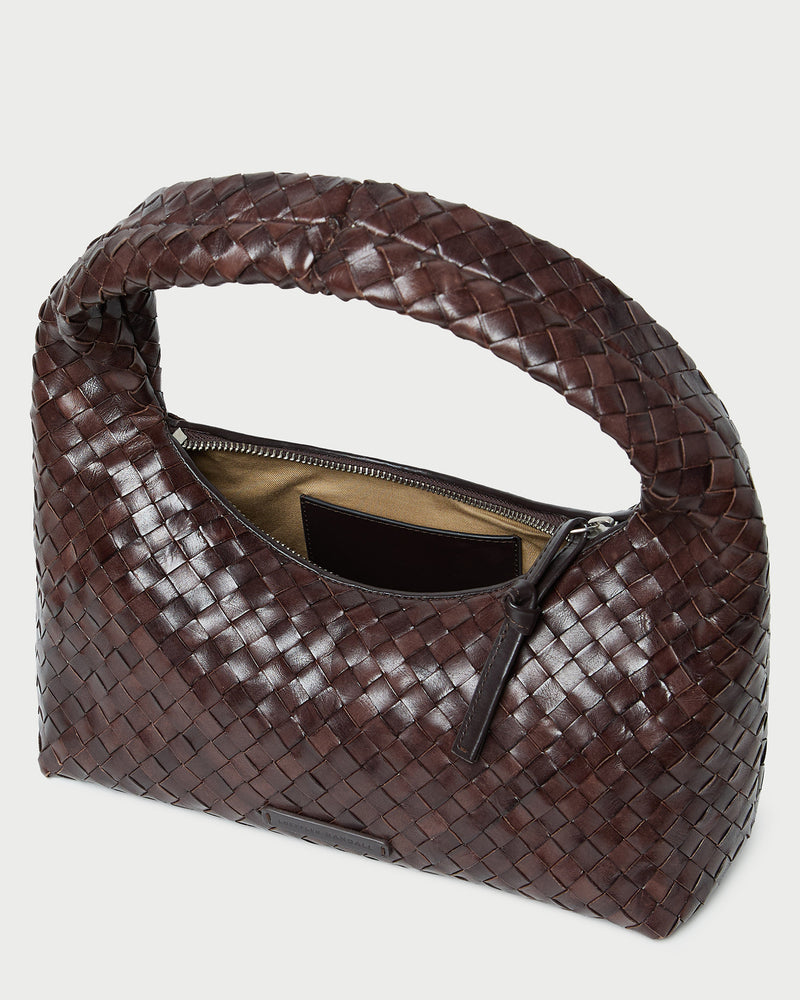 Mercer Chocolate Woven Shoulder Bag in brown chocolate woven leather.