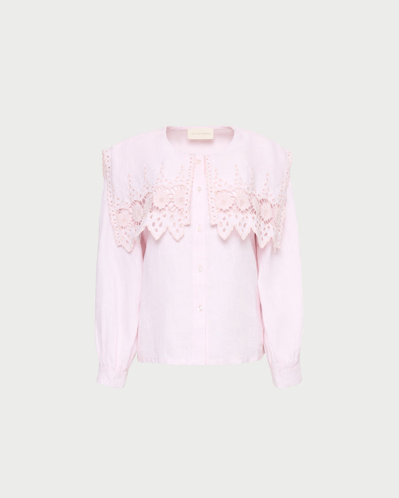 Merritt Top button-down shirt in pale pink cotton.