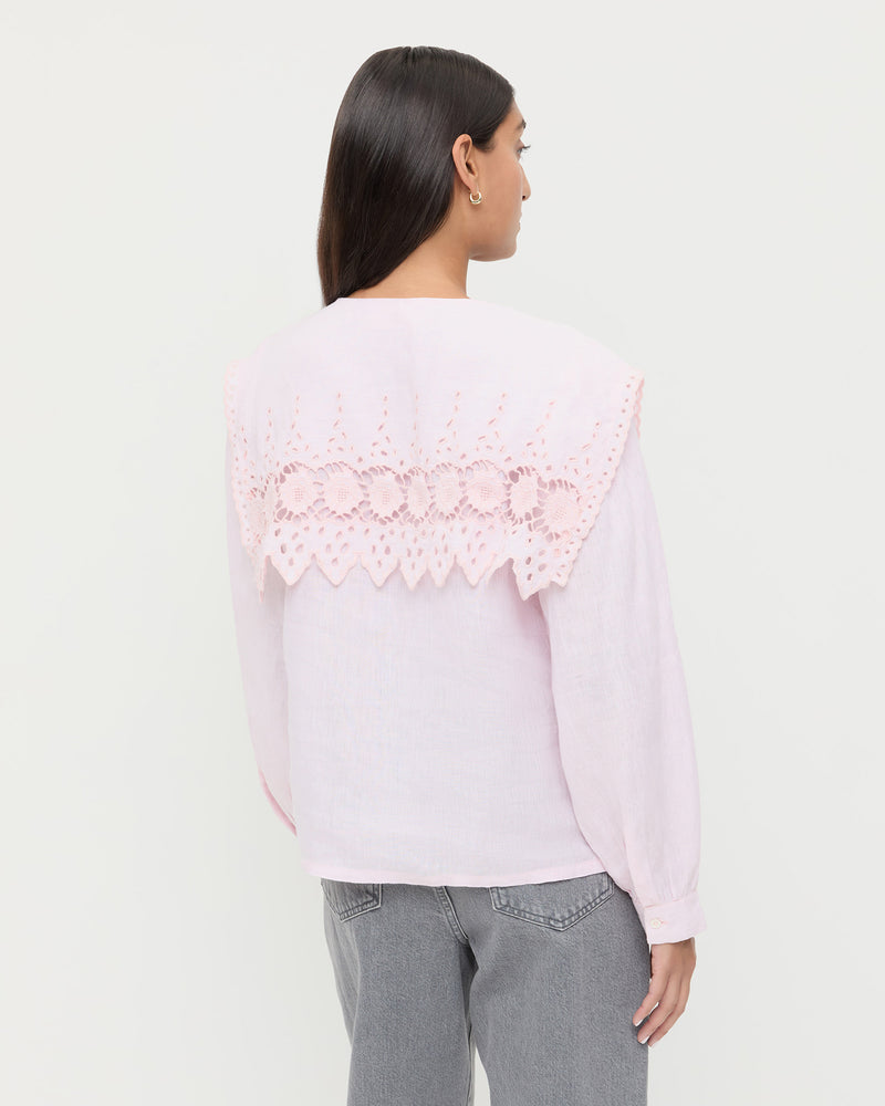 Merritt Top button-down shirt in pale pink cotton and Winona Denim Pant in grey denim.