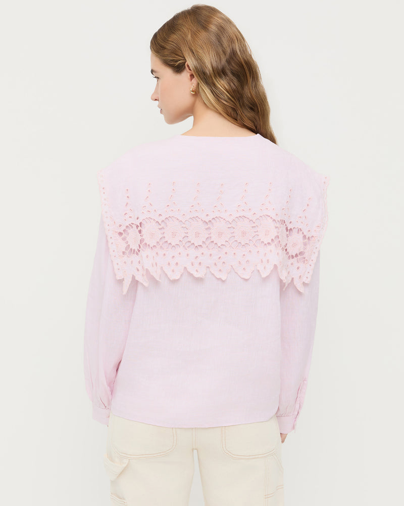 Merritt Top button-down shirt in pale pink cotton and Molly Workwear Pant in natural denim.