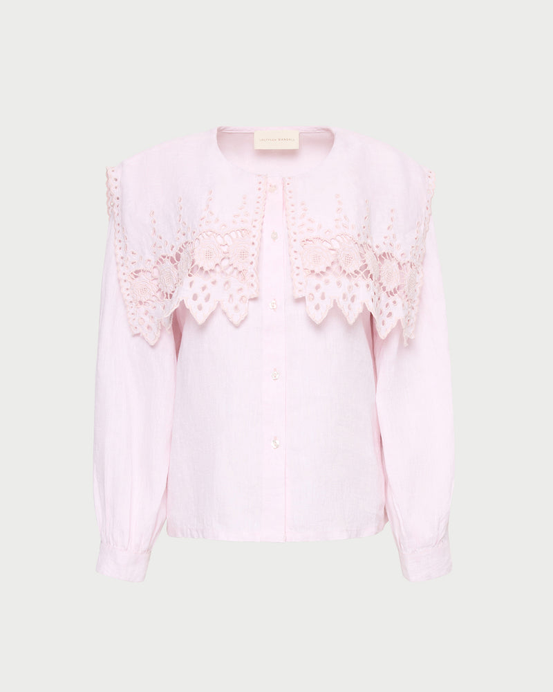 Merritt Top button-down shirt in pale pink cotton.