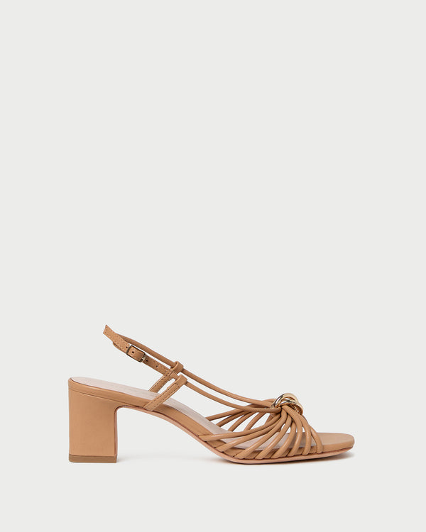 Minna Dune Leather Heeled Sandal in dune tan leather with a gold hardware accent.