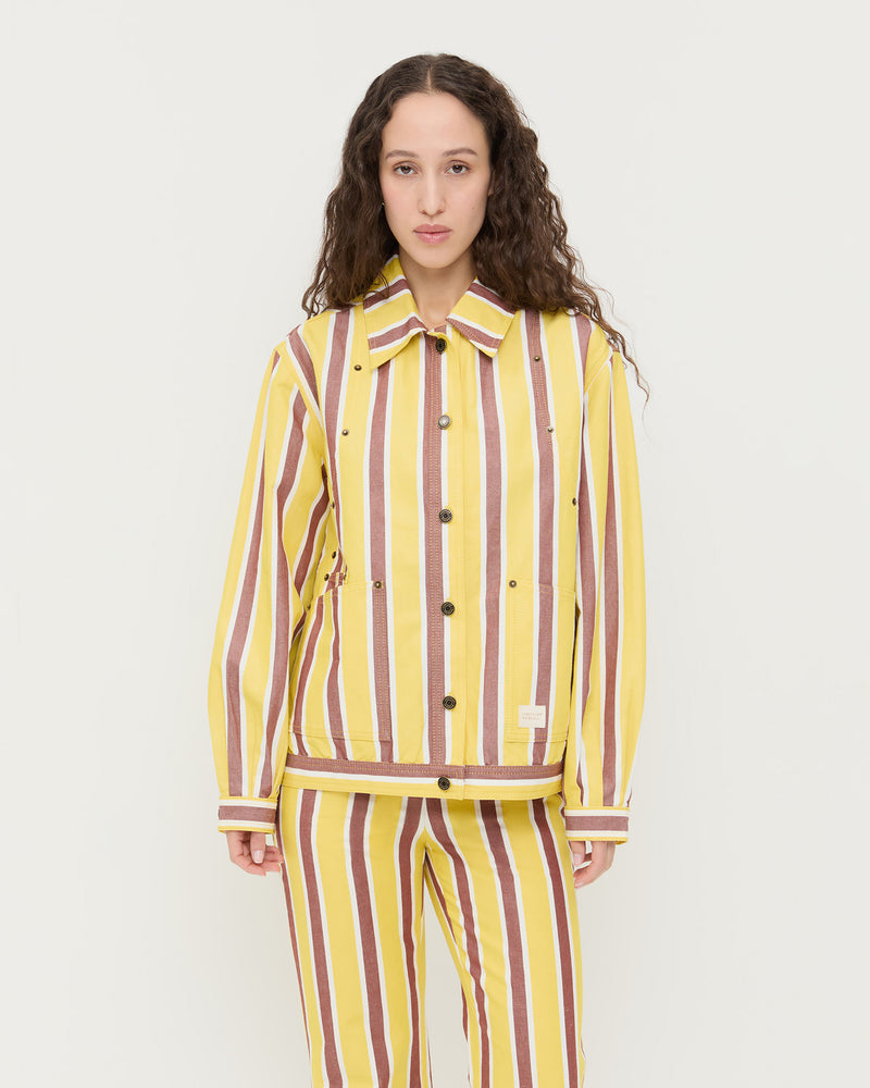 Miro Jacket in yellow and brown striped cotton-linen and Pasha Pant in yellow and brown striped cotton-linen.