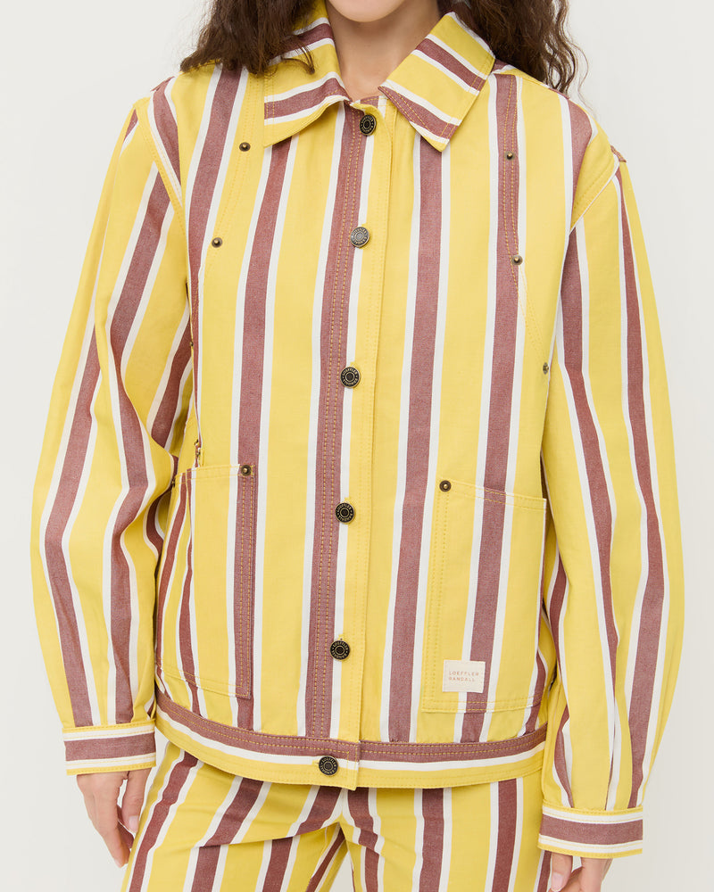 Miro Jacket in yellow and brown striped cotton-linen and Pasha Pant in yellow and brown striped cotton-linen.