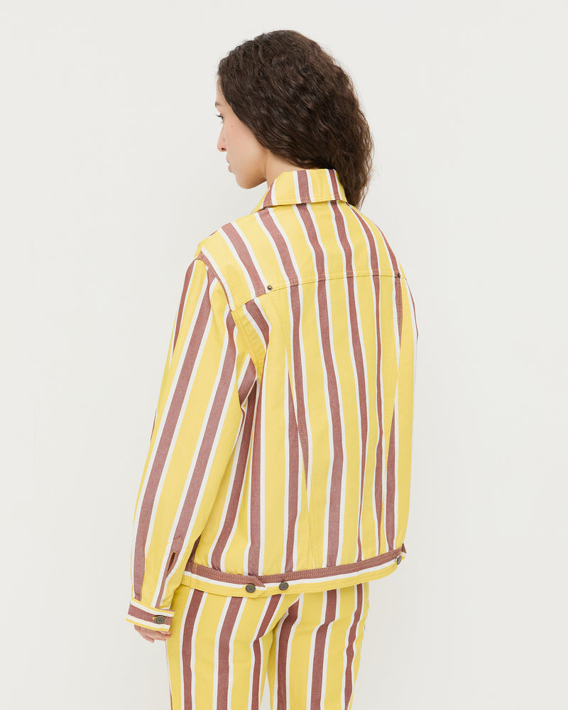 Miro Jacket in yellow and brown striped cotton-linen and Pasha Pant in yellow and brown striped cotton-linen.