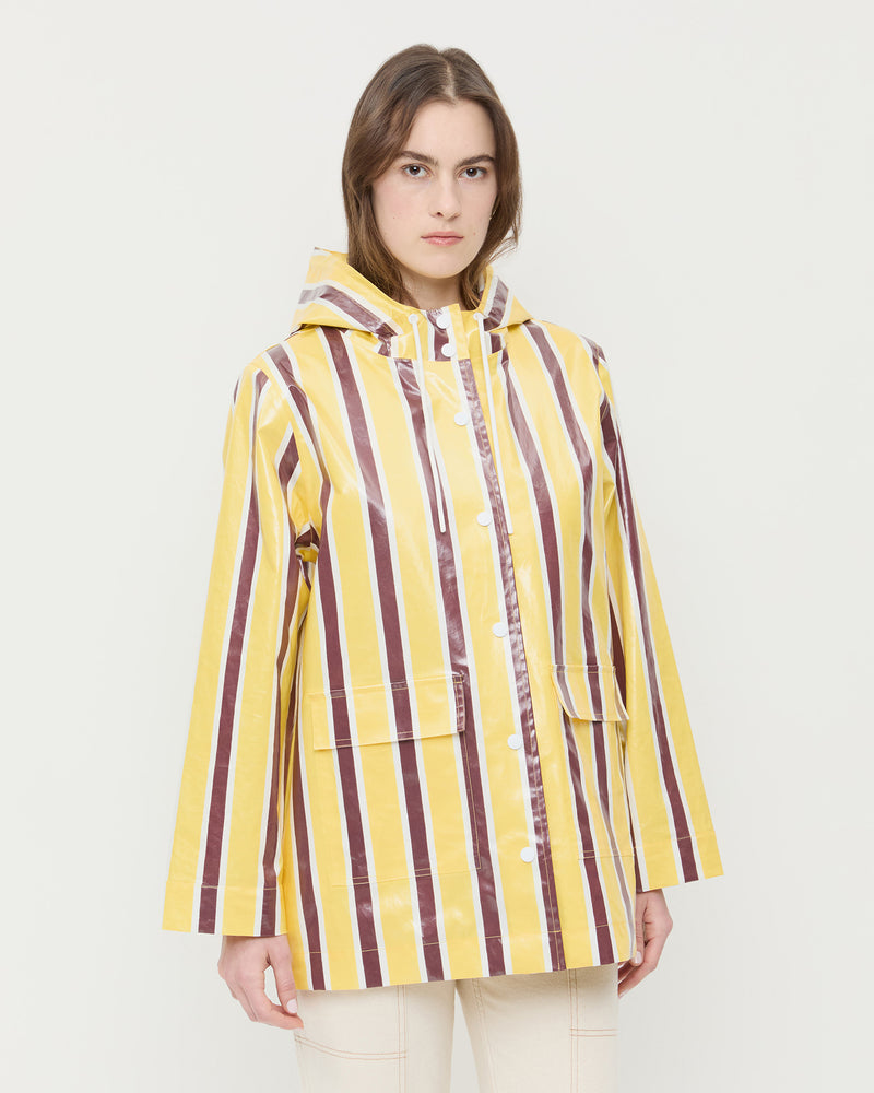 Misty Rain Jacket in yellow and brown striped cotton and Molly Workwear Jean in natural denim.
