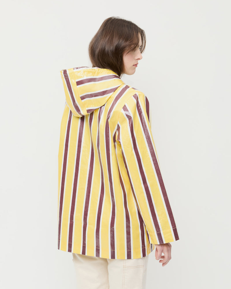 Misty Rain Jacket in yellow and brown striped cotton and Molly Workwear Jean in natural denim.