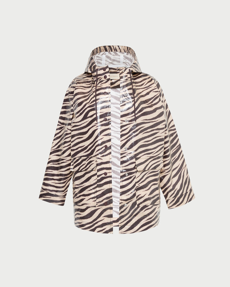 Misty Rain jacket in zebra printed coated cotton.
