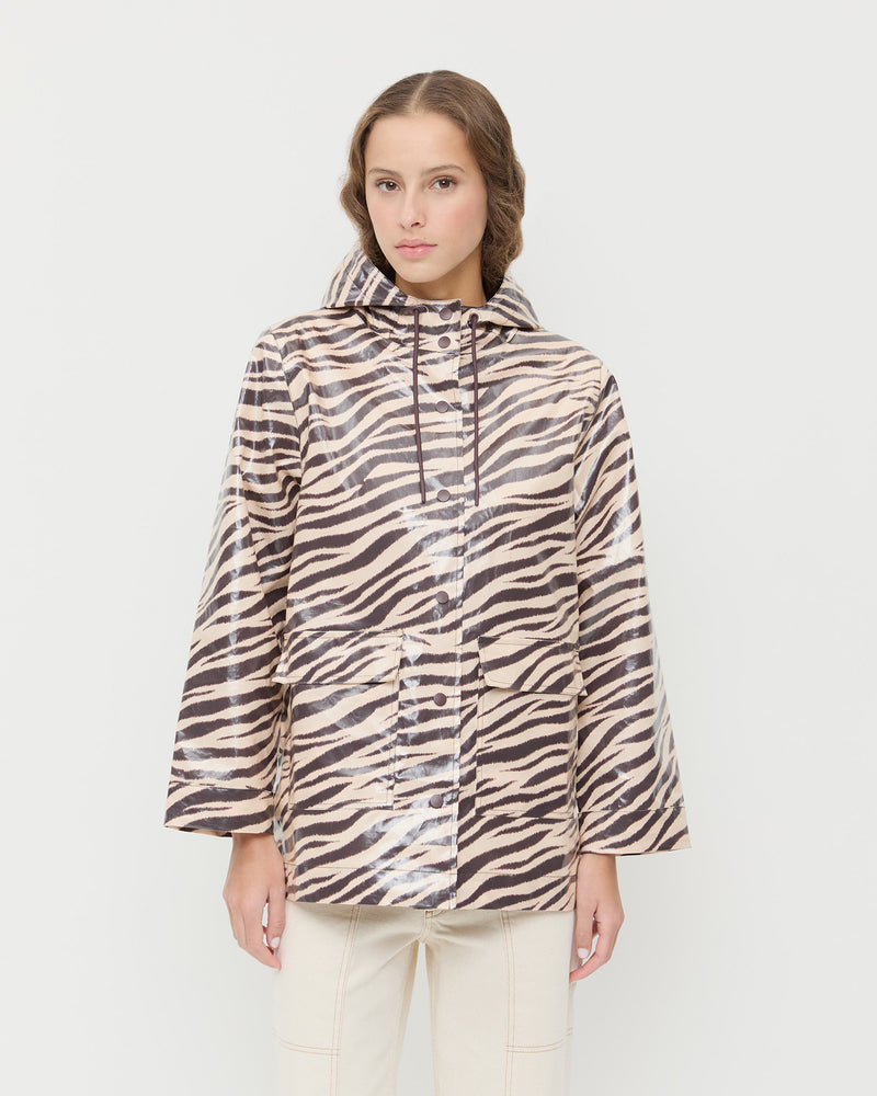 Misty Rain jacket in zebra printed coated cotton and Molly Workwear Jean in natural denim.