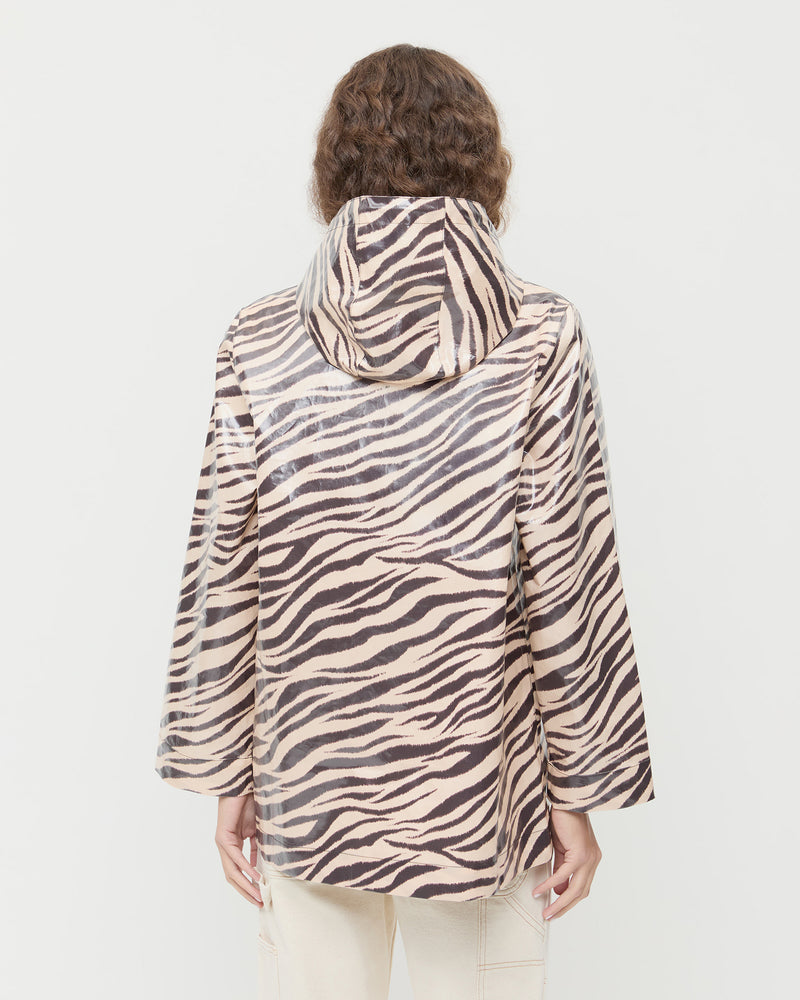 Misty Rain jacket in zebra printed coated cotton and Molly Workwear Jean in natural denim.