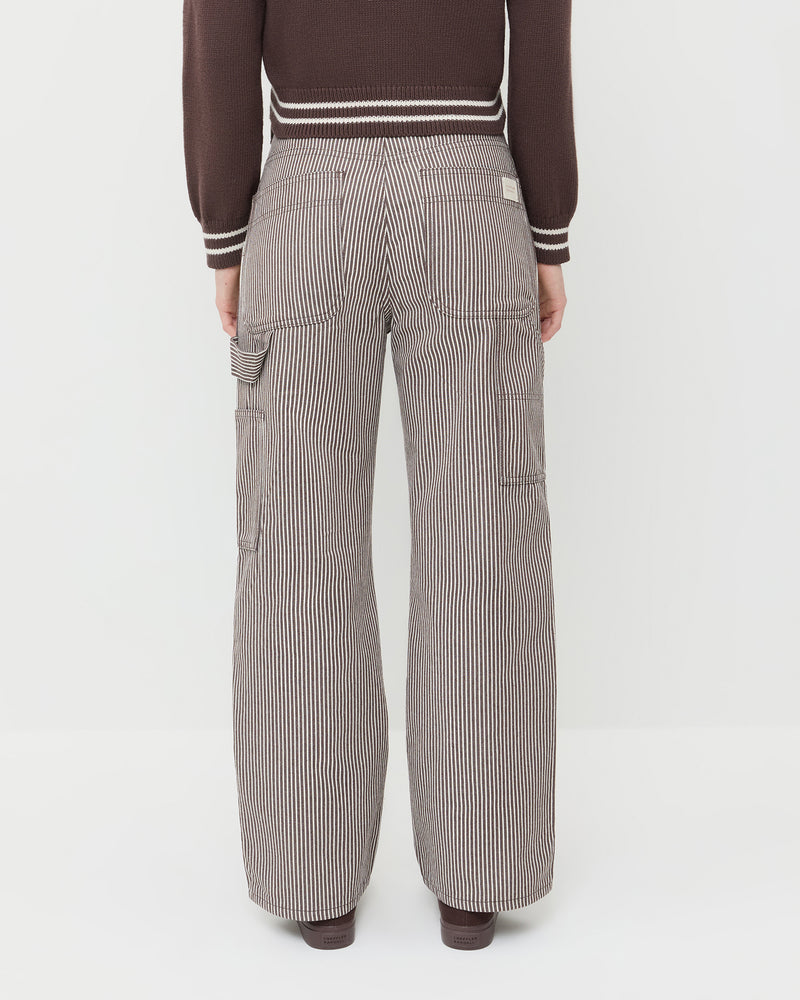 Molly Workwear Jean in brown striped denim, Cove Sweater in brown wool, and Cooper Dark Brown Mary Jane Sneaker.