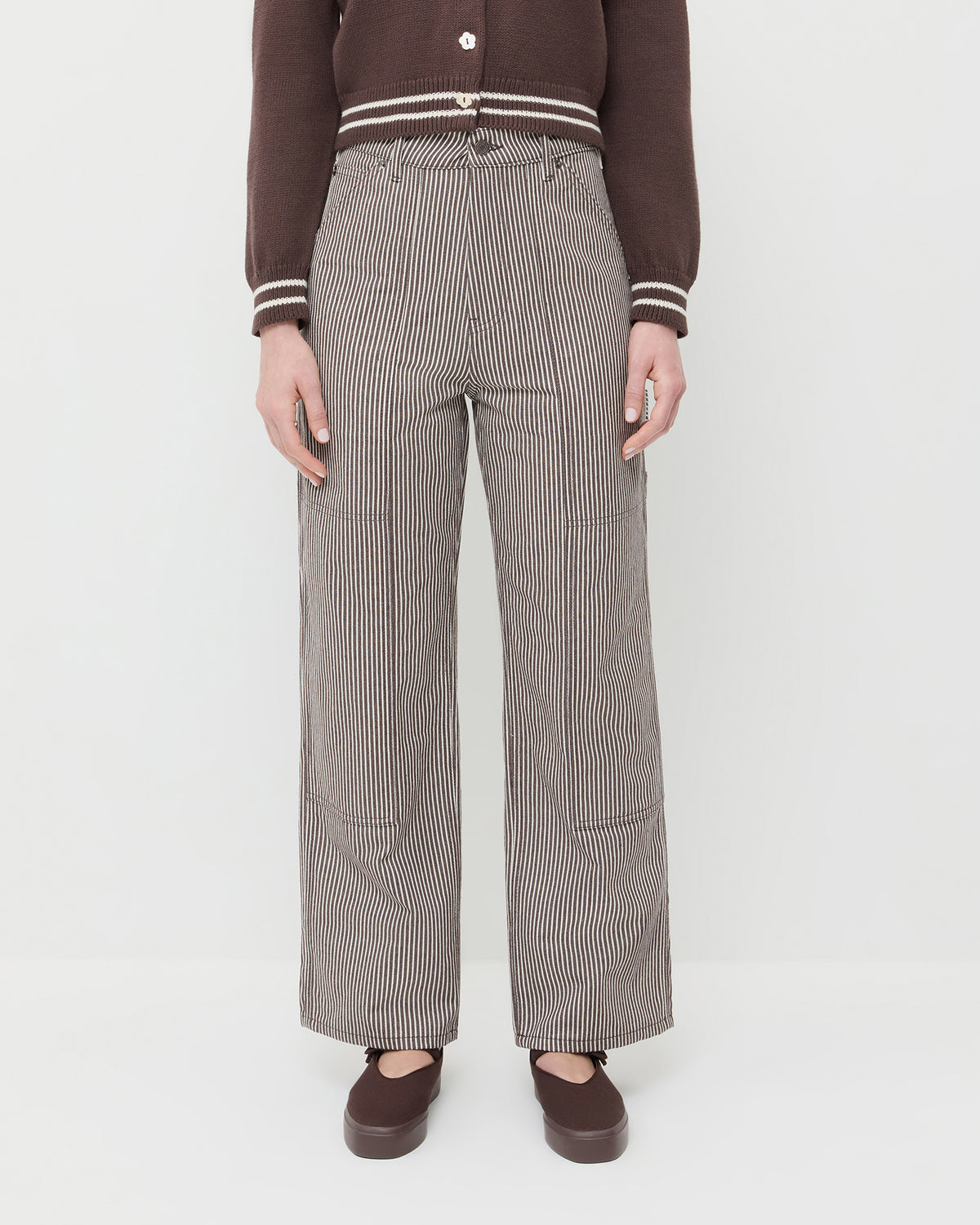 Molly Workwear Jean in brown striped denim, Cove Sweater in brown wool, and Cooper Dark Brown Mary Jane Sneaker.