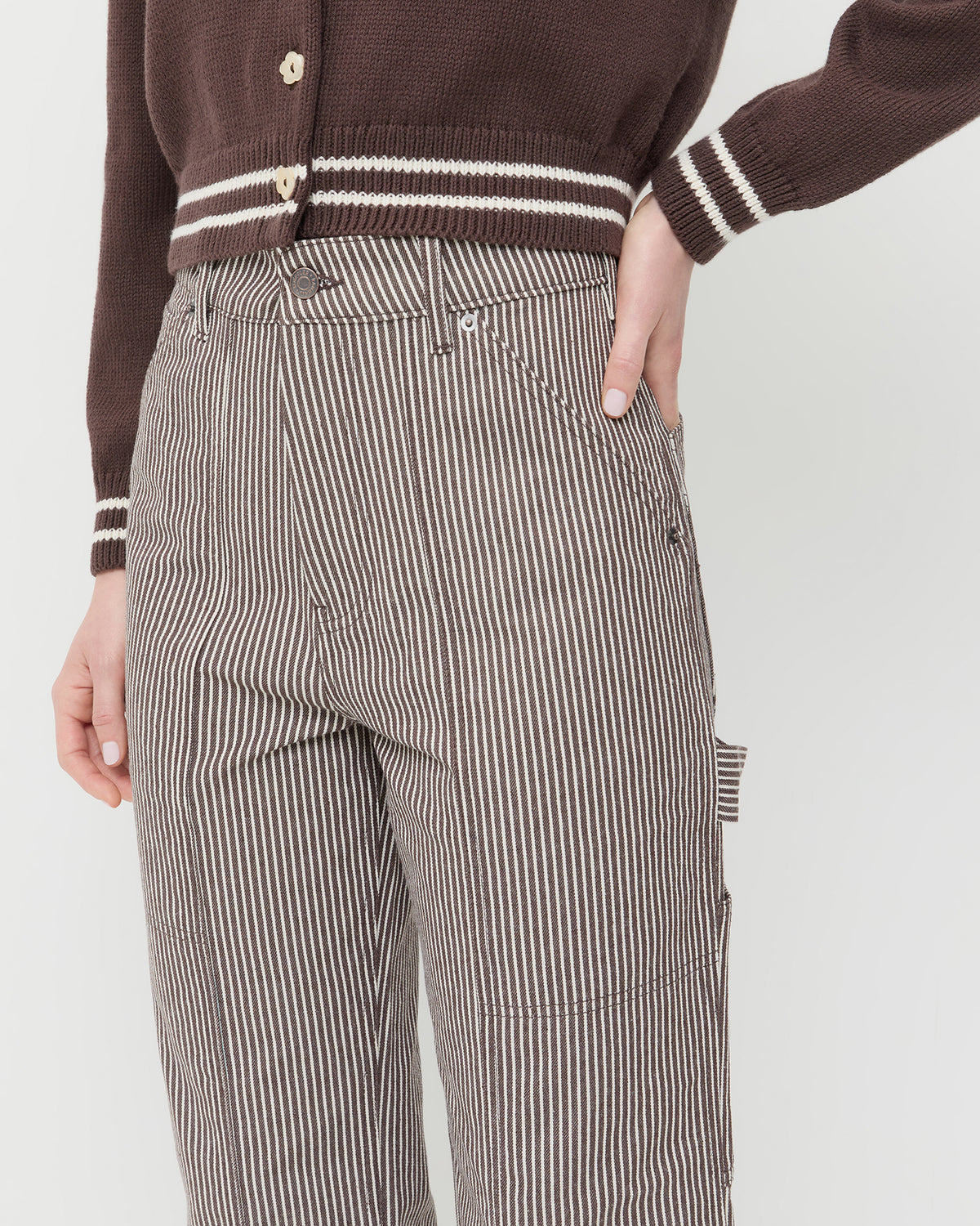 Molly Workwear Jean in brown striped denim and Cove Sweater in brown wool.
