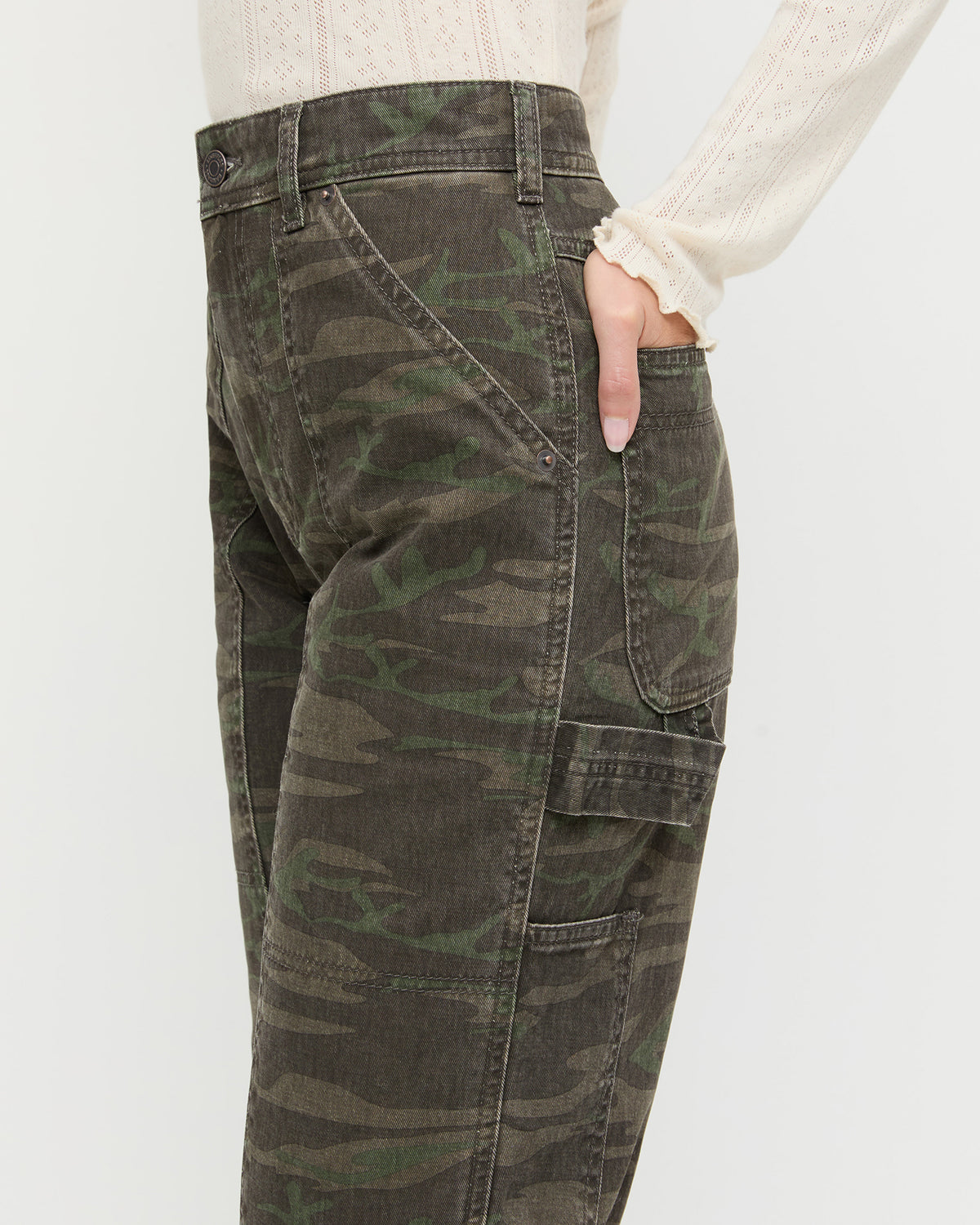 Molly Workwear Jean in dark camo denim and Lolo Pointelle Long-Sleeve Top in cream pointelle.