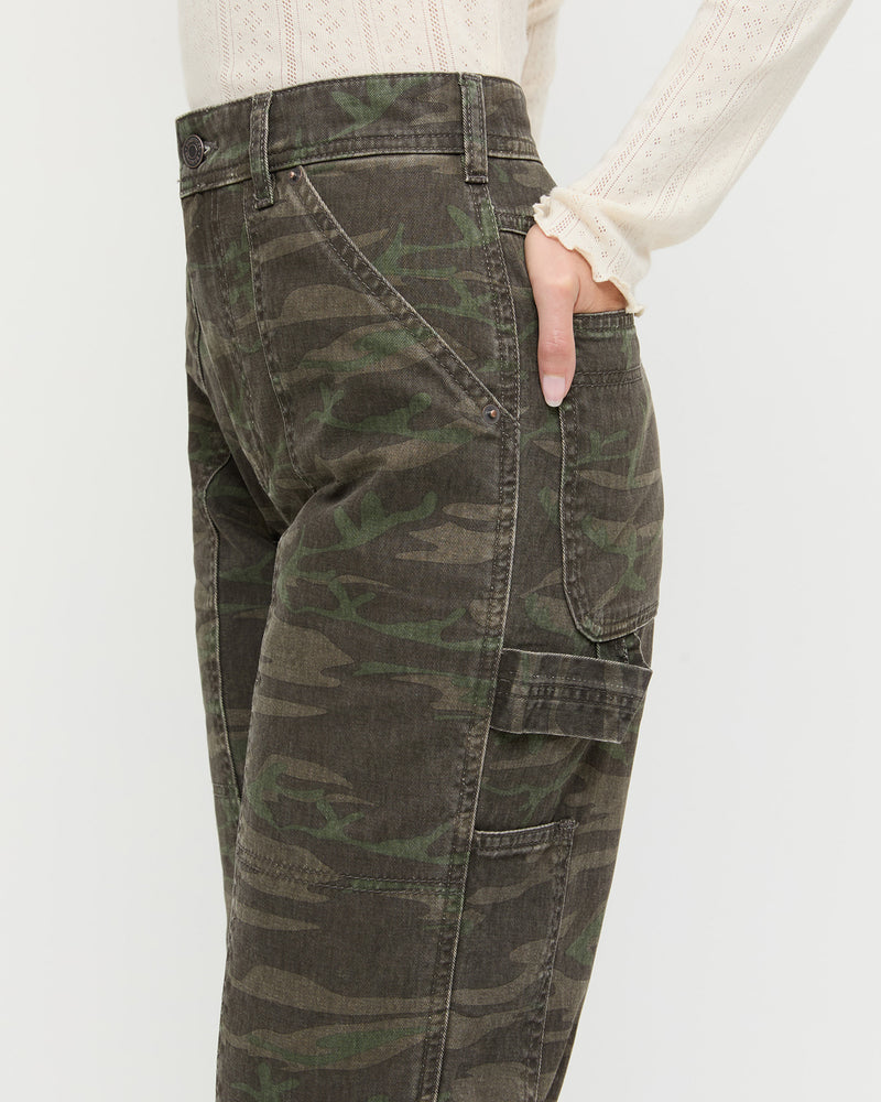 Molly Workwear Jean in dark camo denim and Lolo Pointelle Long-Sleeve Top in cream pointelle.