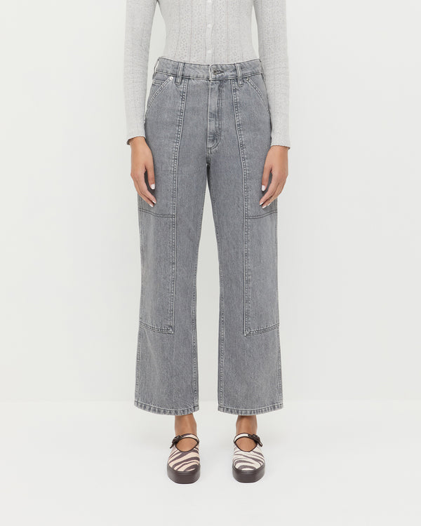 Molly Workwear Jean in grey denim, Ash Pointelle Cardigan in grey cotton, and Cooper Zebra Mary Jane Sneaker.